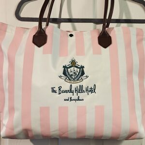 The Beverly Hills Hotel And Bungalows Pink & White Stripe Tote Bag